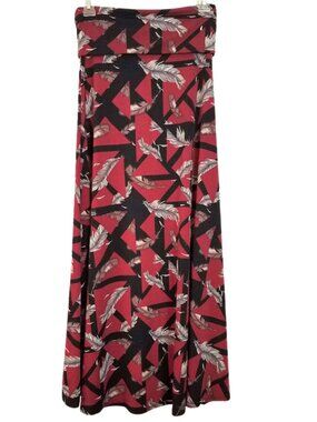 LULAROE Burgundy & Black Feather Print Maxi Skirt - Women's XXS